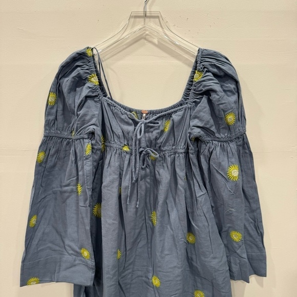 Free People Emory Embroidered Sun Chambray Midi Dress Cotton Linen Puff Sleeve - Picture 7 of 12